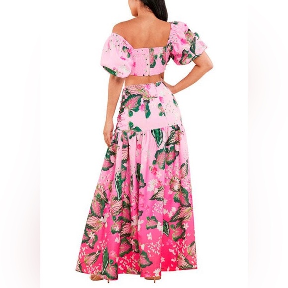 NWT L’ATISTE Pink Ombré Floral Butterfly Lace Up Maxi Skirt Top Matching Set S - Picture 3 of 13